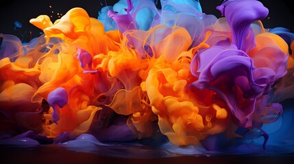Radiant violet and sunlit orange liquids colliding with explosive force, producing a mesmerizing abstract display that ignites the senses - obrazy, fototapety, plakaty