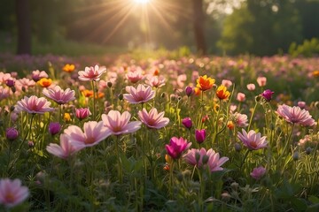 Obraz premium a field of flowers with the sun shining in the background, an aesthetic field of flowers, spring season. 