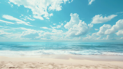 Obraz premium Beautiful tropical beach with blue sky and abstract texture background of white clouds. Summer vacation and vacation business travel concept. Copy space