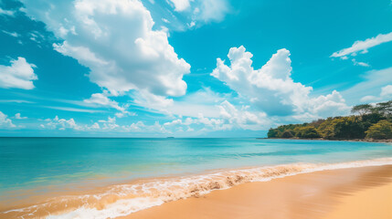 Obraz premium Beautiful tropical beach with blue sky and abstract texture background of white clouds. Summer vacation and vacation business travel concept. Copy space