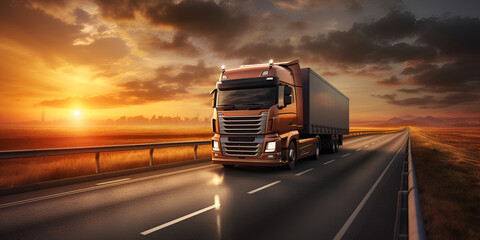 A truck drives down a road in the sunset Landscape with delivery truck on the road concept of logistics and transportation.AI Generative 