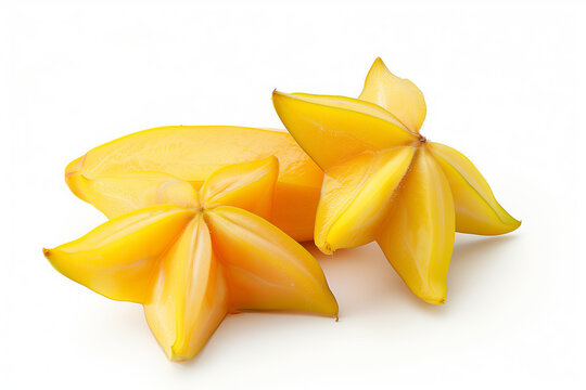 Slices of ripe yellow star fruit on white background