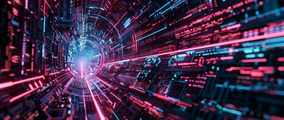 An innovative technology background illustrating the concept of the information highway and internet transfer, featuring a mesmerizing light-effect tunnel