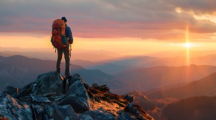 Backpacker at Mountain Summit Overlooking Sunset Valley - obrazy, fototapety, plakaty