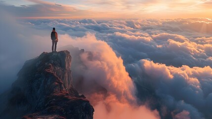 Backpacker Overlooking Sea of Clouds at Sunrise on Majestic Mountain Peak - obrazy, fototapety, plakaty