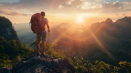 Backpacker Overlooking Stunning Mountain Scenery at Sunrise or Sunset, To convey the sense of adventure and freedom that comes with outdoor - obrazy, fototapety, plakaty