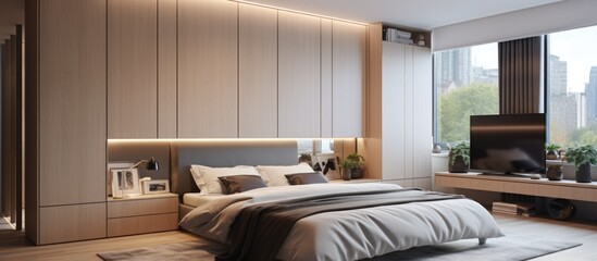 A contemporary bedroom featuring a spacious bed, a sleek flat screen TV mounted on the wall above a drawer, and a wardrobe. A pendant light hangs elegantly over the bed,