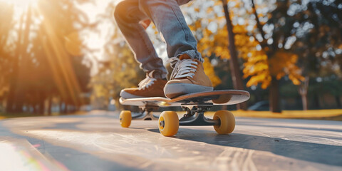 Legs of a teenager on a skateboard - obrazy, fototapety, plakaty