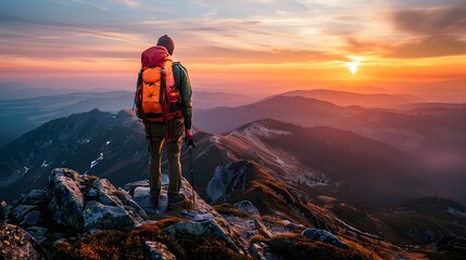 Fototapeta premium Hiker at Mountain Summit Overlooking Sunset Valley with Adjoining Peak