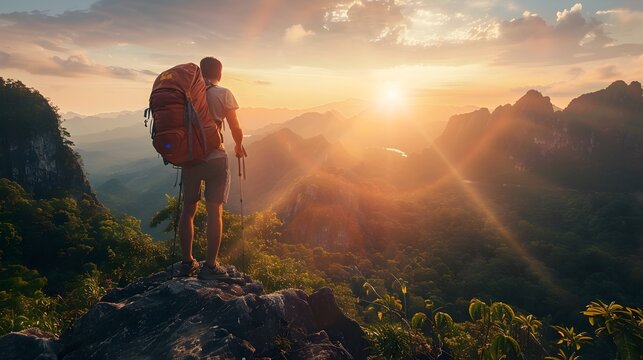 Backpacker Overlooking Stunning Mountain Scenery at Sunrise or Sunset, To convey the sense of adventure and freedom that comes with outdoor
