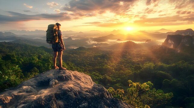 Backpacker Overlooking Stunning Sunset from Mountain Peak, To convey a sense of adventure, exploration, and freedom in the great outdoors