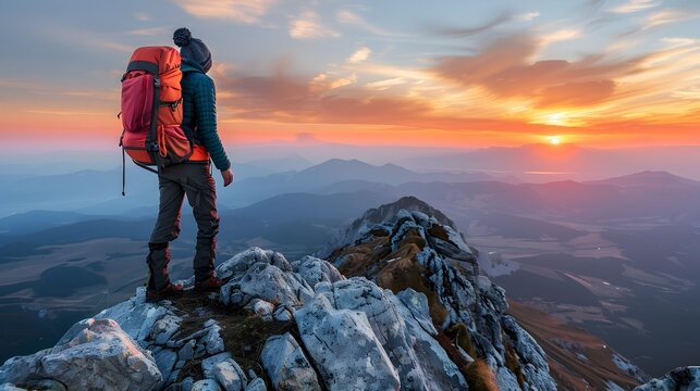 Backpacker Overlooking Vast Landscape at Sunset on Mountain Peak
