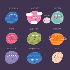 Cute space postcard with funny hand drawn doodle solar system planets, Mercury, Venus, Earth, Mars, Jupiter, Saturn, Uranus, Neptune, Pluto. Cosmic, universe, night sky cover, template, banner, poster © nadineveresk