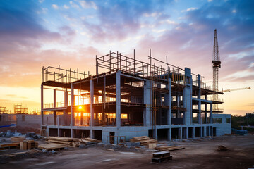 Fototapeta na wymiar Construction site of large residential commercial building, some floors already built. Metal structure with evening sky sunset background