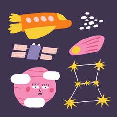 Cute space postcard with funny hand drawn doodle Venus planet, constellation, comet, spaceship, satellite, meteorites. Cosmic, universe, night sky cover, template, banner, poster, print. 