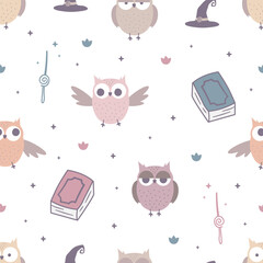Seamless pattern with cute owls and magic equipments. Funny flat owls. Vector illustration. Kids collection