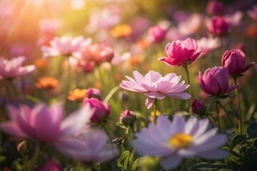 a pink flower in a field of flowers with the sun shining, field of pink flowers, beautiful flowers, magical colorful flowers, beautiful flowers growing. 