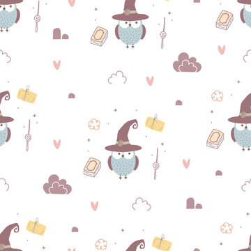 Seamless pattern with cute owl, magic book, magic wand, witch hat and gift. Funny flat owls. Vector illustration. Magic and halloween background
