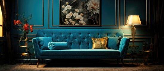 A living room featuring a blue couch as the central piece of furniture, complemented by a painting adorning the wall. The room exudes a harmonious blend of colors and textures,
