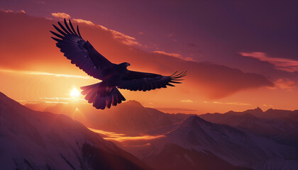 An eagle flies against a stunning sunset over mountain peaks