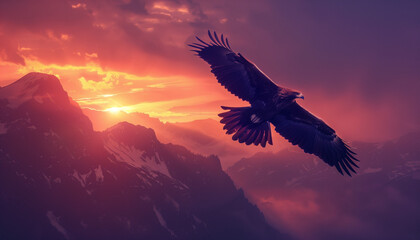 An eagle soars against a vibrant sunset over the mountainous landscape - obrazy, fototapety, plakaty