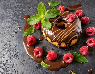 chocolate donut and fresh raspberries