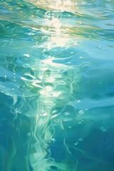 Fototapeta na wymiar Blue ocean surface seen from underwater. Abstract waves underwater and rays of sunlight shining through water