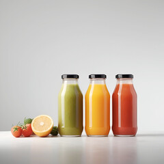 Three bottles of natural vegetable or fruit juices with black caps without labels isolated on a white background.