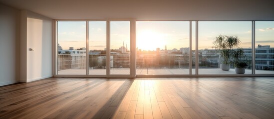An empty, modern room featuring large windows that offer a sweeping view of a cityscape. The room is bathed in natural light, highlighting the interior design and architecture.