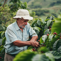 Dedicated Farmer: Man Handpicking Ripe Coffee Beans