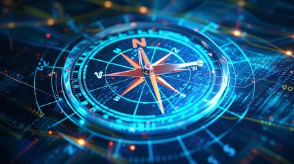futuristic compass on digital map - obrazy, fototapety, plakaty
