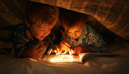 Flashlight, blanket and children at night with happiness in dark with drawing in a book. Friends, relax and sketch on notebook with torch or light under duvet at sleepover with a pillow tent © Mariusz/peopleimages.com