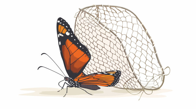 Butterfly and net cartoon flat vector illustration