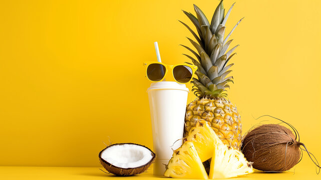 Pineapple and coconut wearing sunglasses with sunscreen on solid background, stock photo, copy space. Summer concept. Summer try.