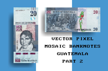 Vector pixel mosaic banknote of Guatemala. Note in denominations of 20 Quetzales. Play money or flyers. Part 2 - obrazy, fototapety, plakaty