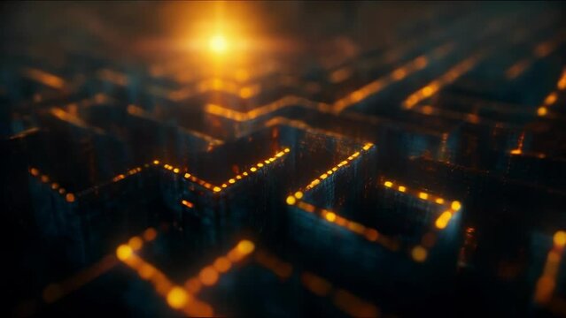 A maze with a clear path leading to a shining light at the end representing the challenges and obstacles faced on the road to success in business.