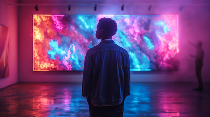 Fototapeta premium Rear view of a man standing looking at art. A diverse and brightly colored neon art installation in a contemporary gallery.