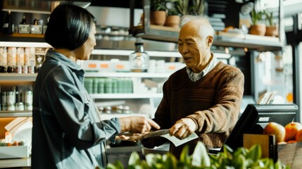 An elderly man is paying at the cashier where a young woman is assisting him in a well-lit store filled with produce and other goods.