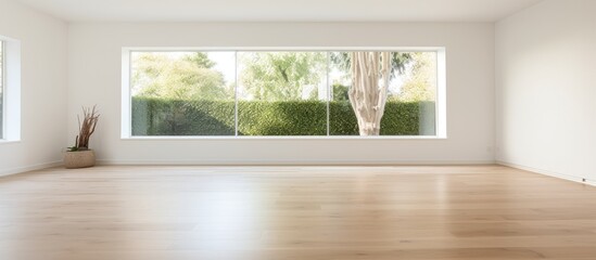 An empty, spacious living room with white walls and a hardwood floor in an unfurnished contemporary house.