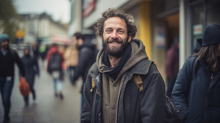A young homeless guy with messy hair wearing a worn out clothes jacket smiling for the camera - obrazy, fototapety, plakaty