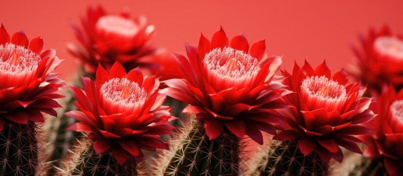 A group of vibrant red flowers is positioned on the top of an Echinocactus cactus. The cactus is basking in the sun, showcasing a striking contrast against the red background.