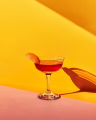 cocktail glass with orange split in front of yellow background