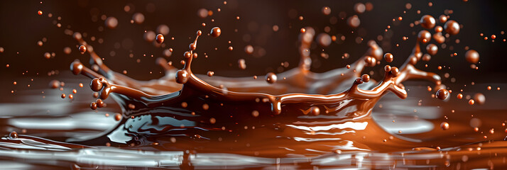 Liquid Chocolate Crown Splash Illustration,
Close up pouring liquid chocolate crown splash in a chocolate pool with circle ripples side view
