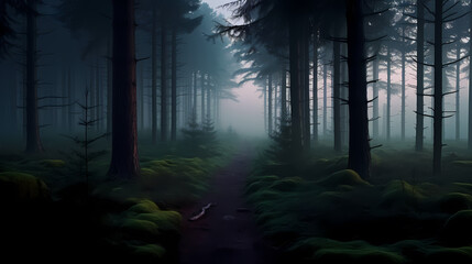 Obraz premium foggy forest at night,mysterious dark forest at night