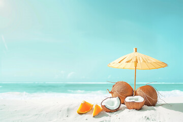 Fototapeta na wymiar Coconut fruit and tropical beach parasol Concept made from creative ideas, summer, vacation, travel