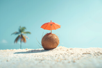 Coconut fruit and tropical beach parasol Concept made from creative ideas, summer, vacation, travel - obrazy, fototapety, plakaty