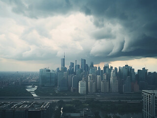 top view of the city with skyscrapers, in cloudy weather 