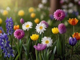 Fototapeta premium Spring flowers on green lawn, flooded with bright sunlight, blurred background. Generative AI.