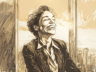 An ultra-calistic drawing of a successful, mature businesswoman laughing, with a play of light and shadow conveying emotion, against a window with a sunset in the background. Business concept