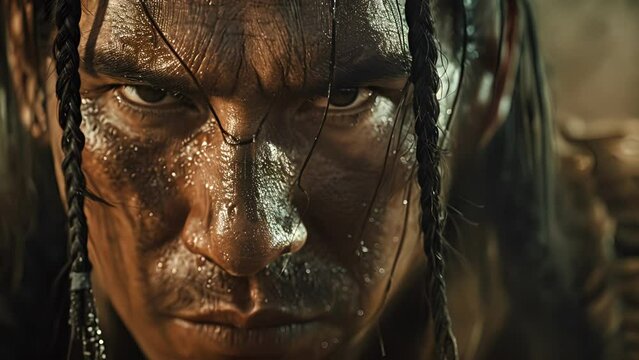 The Apache warriors braided hair falls over his determined expression as he readies his gun prepared to defend his people and their land at all costs.